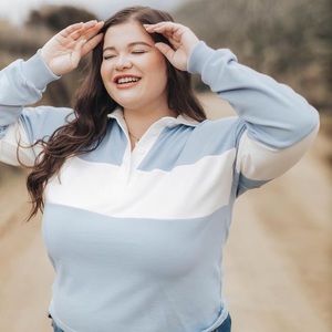 Nasty Gal Blue & White Striped Long Sleeve Collared Crop Top Size 14